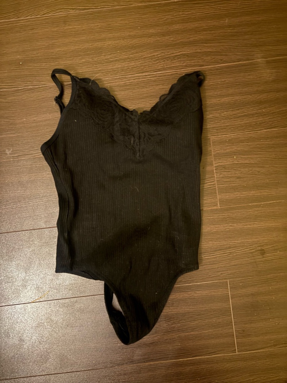PINK Victoria's Secret Black Ribbed Lace-Trim Bodysuit
